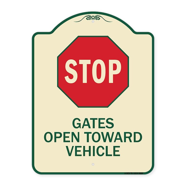 Signmission Designer Series-Stop Gates Open Toward Vehicle Tan & Green Heavy-Gauge Alum, 24" x 18", TG-1824-9884 A-DES-TG-1824-9884 - main